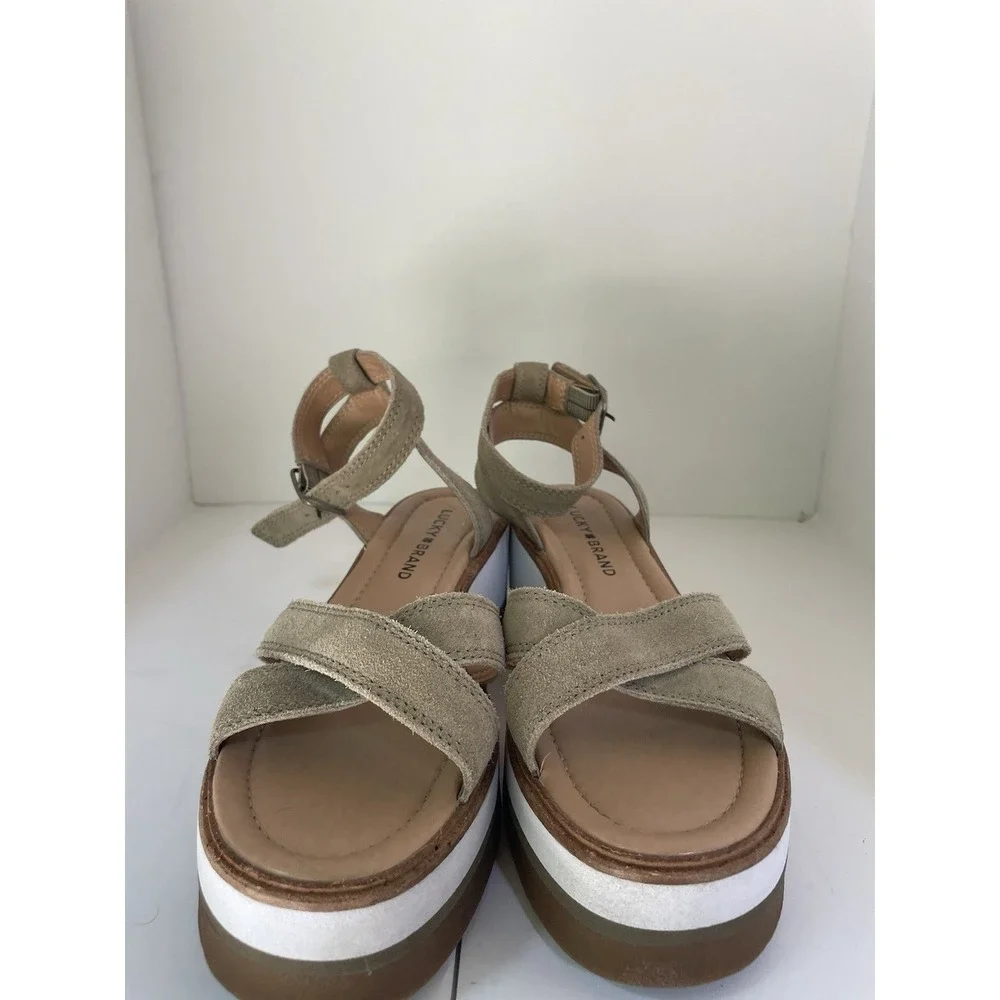 Lucky Brand Suede Wedge Platform Sandal Size‎ 8.5 Tarhi Olive Green Brown Whit
